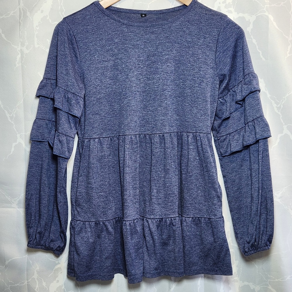 Unbranded Long Sleeve Ruffle Top Youth Girl XL Blue Pleated Tiered Pockets Flowy